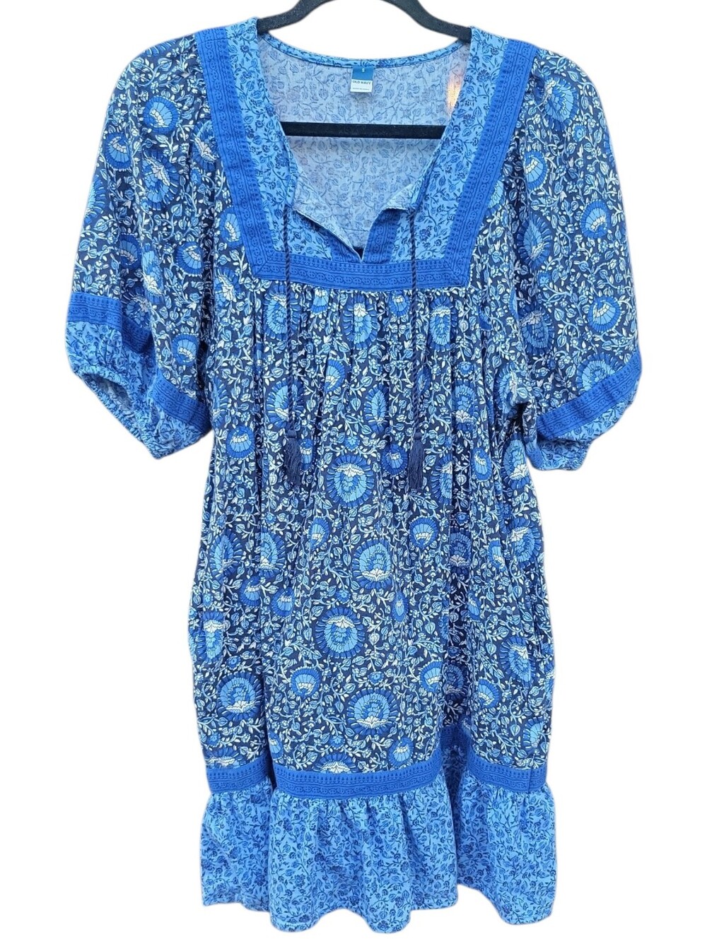 Old Navy Blue Floral Peasant Babydoll Mini Dress Size Sm Boho Cotton Puff Sleeve - Picture 2 of 16